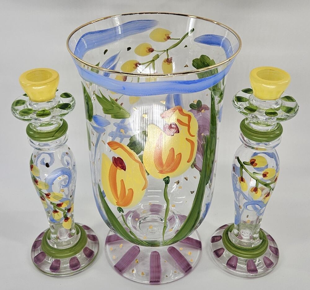 Royal Gallery Italy Hand Painted Floral Glass Vase Candlesticks 3 Piece Set